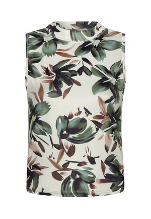 Mouwloze top met hoge hals en een abstract bloemenpatroon in groen en bruin op een witte achtergrond.
