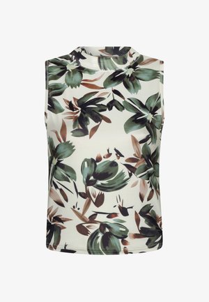Top bez rukava s visokim ovratnikom, s abstractnim uzorkom zelenih i smeđih cvjetova na bijeloj pozadini.