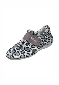 Zapatilla de casa con estampado de leopardo, correa de ante gris, tela suave, puntera redondeada y forro interior blando. Suela de goma flexible diseñada para la comodidad.