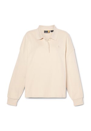 Beige polo shirt met lange mouwen, een twee-knopen knoopsluiting, geribbelde kraag en een klein logo op de borst. Zacht katoenen materiaal, relaxed fit.