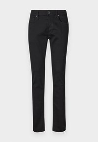 Pantalones vaqueros slim-fit negros, hechos de algodón con una textura suave. Cuentan con bolsillos frontales, cierre de botón y cremallera, y un diseño minimalista.