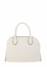 Crèmekleurige leren handtas met een getextureerd oppervlak, afgeronde bovenkant, twee handvatten en een gladde onderkant. Voorzien van een subtiele contrasterende rand langs de randen.