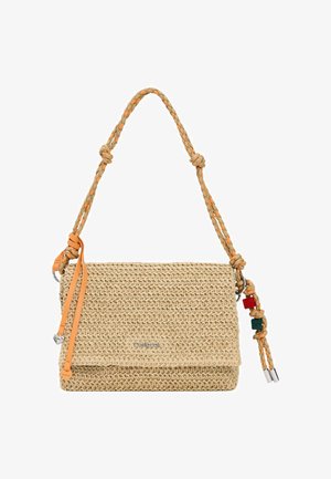 Geweven beige schoudertas met gevlochten band, leren kwastjes, kleurrijke kralen en metalen "Desigual" logo op de voorflap.
