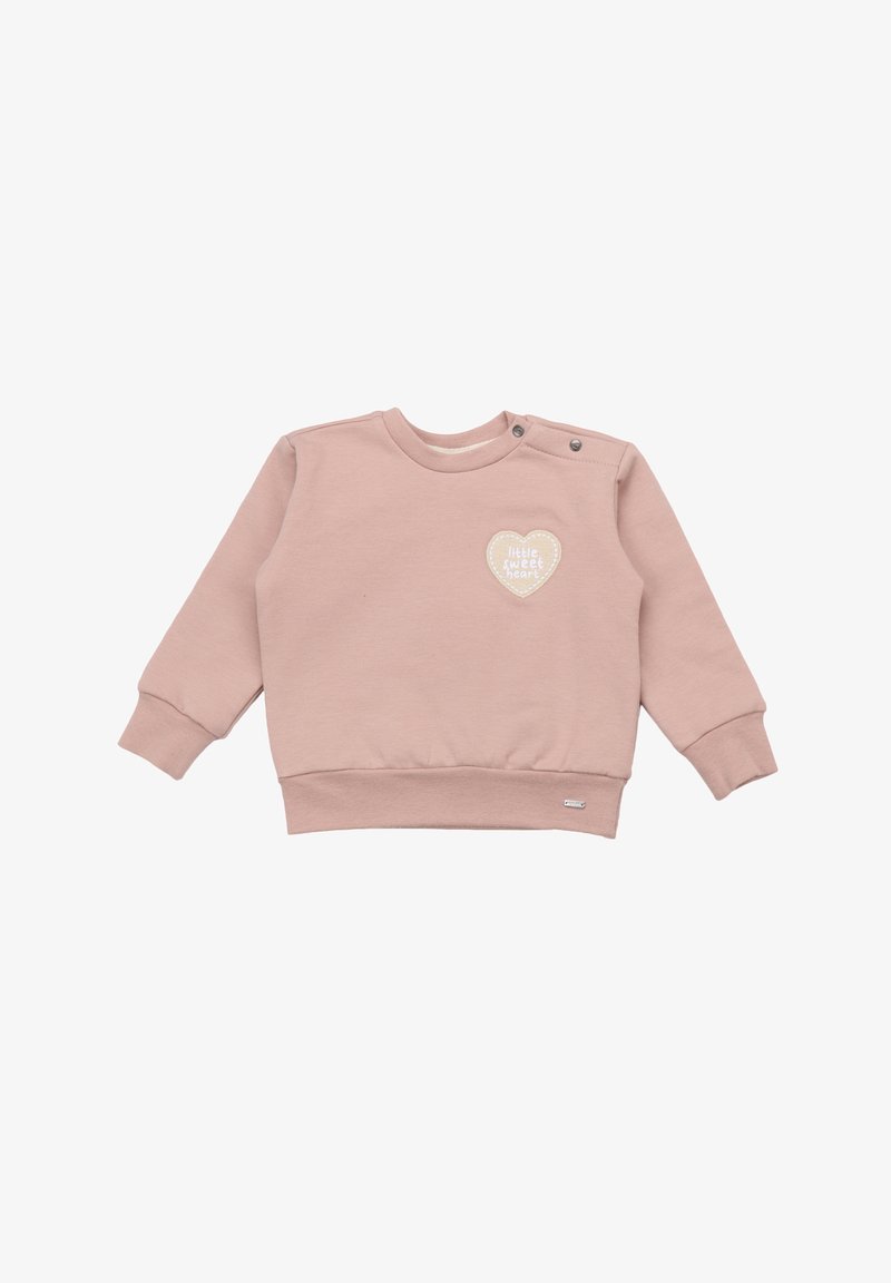 Pink sweatshirt in soft fabric, featuring a heart design with "little sweet heart" text; round neck, long sleeves, and snaps on one shoulder.