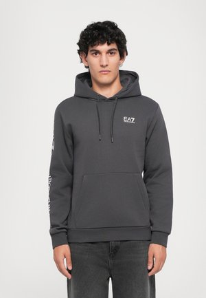 Gray hooded sweatshirt with a kangaroo pocket, “EA7” logo on the chest, and white text pattern on the sleeves. Cotton blend material.
