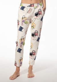 Katoenen pyjamabroeken met een witte achtergrond, voorzien van kleurrijke handtasprints in verschillende stijlen, zijzakken en een relaxte pasvorm.