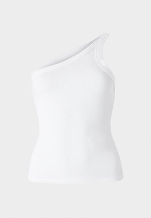 Biely rebrovaný top bez rukávov s asymetrickým dizajnom na jedno plece. Hladká textúra, priliehavý strih a čisté okraje.