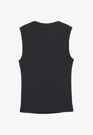 Zwarte mouwloze top van ribstof met een ronde hals, met een gladde textuur en eenvoudig design. Geen patronen of accenten.