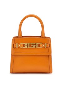 Petit sac à main structuré en cuir orange avec des poignées arrondies et un fermoir doré décoratif sur le rabat avant.