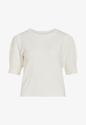 Hvit kortermet strikket topp med rund hals og puffede ermer. Glatt tekstur og tettsittende silhuett, egnet for hverdagsbruk.