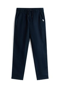 Pantaloni casual bleumarin cu talie elastică și șnur, buzunare frontale laterale și o etichetă albă mică pe buzunarul drept.