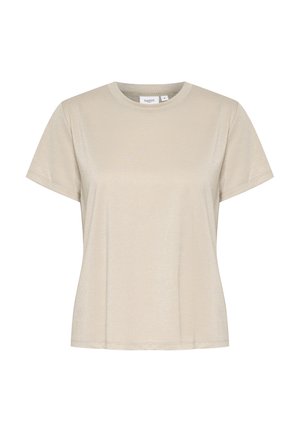 Beige T-Shirt mit kurzen Ärmeln aus schimmerndem Stoff. Verfügt über einen Rundhalsausschnitt und eine lockere Passform mit minimalen Nähten und ohne sichtbare Akzente.
