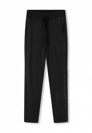 Pantaloni sportivi neri con una ampia cintura elastica, cordino, tasche laterali e dettagli in cucitura bianca lungo le cuciture esterne.