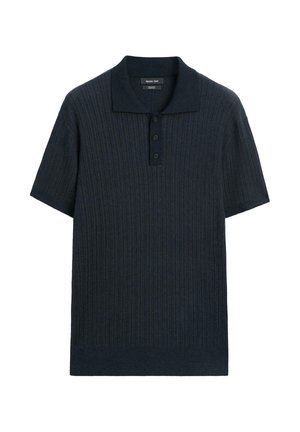 Marineblaue Polohemd mit kurzen Ärmeln, gerippter Textur, Drei-Knopf-Leiste und klassischem Kragen.