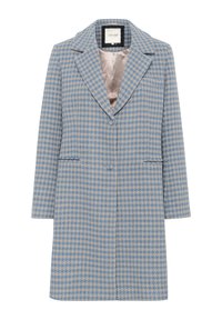 Cappotto lungo a motivo houndstooth blu e beige con collare a revers, due tasche frontali, chiusura a bottoni e fodera interna in raso rosa chiaro.