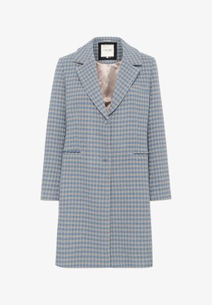 Manteau long à motif pied-de-poule bleu et beige avec col en revers, deux poches avant, fermeture à boutons et doublure intérieure en satin rose clair.