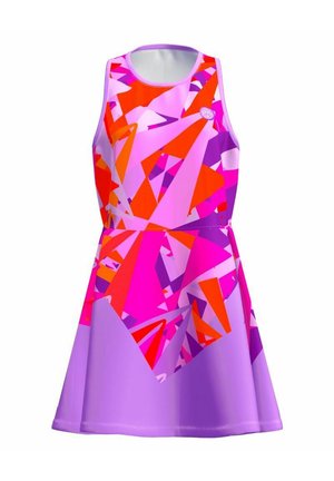 Vestido sin mangas colorido con un top ajustado y una falda acampanada, que presenta patrones geométricos en rosa, rojo y púrpura sobre una base lavanda.