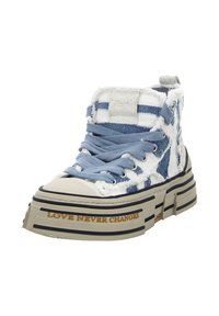 High-top sneakers with a blue and white denim design, featuring a stacked sole, textured fabric, and "LOVE NEVER CHANGES" detail.