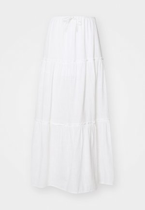 Witte maxi-rok van lichtgewicht stof, met een gelaagd ontwerp en geplooide accenten, en een verstelbare koordtaille.