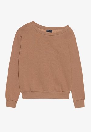 Hnedý dlhý rukáv sveter s širokým výstrihom, rebrovanými manžetami a lemom. Vyrobený z jemnej tkaniny s hladkou textúrou.