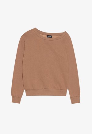 Sweatshirt castanho de manga longa com um decote largo, punhos e bainha canelados. Feito de um tecido suave com uma textura lisa.