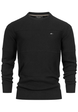 Pull noir avec une surface texturée, doté d'un col rond côtelé, de manches longues et d'un logo subtil sur la poitrine.