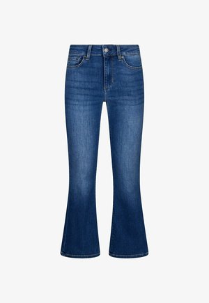 Niebieskie dżinsy denimowe z wysokim stanem, zapięciem na guzik i zamek błyskawiczny, przednimi kieszeniami oraz lekko rozszerzanymi nogawkami.