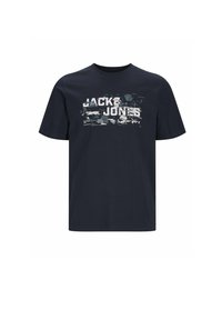 Tumši zila kokvilnas t-krekls ar apaļu izgriezumu. Priekšpusē ir grafiskais prints baltā un pelēkā krāsā ar uzrakstu "JACK & JONES".