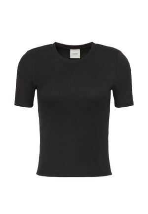 T-shirt noir côtelé à manches courtes et col rond Calvin Klein, silhouette ajustée, présenté sur un fond blanc uni.