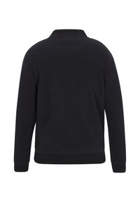 Svart sweatshirt med krage, långa ärmar, ribbade muddar och fåll, tillverkad av mjukt tyg, med en ren, minimalistisk design.