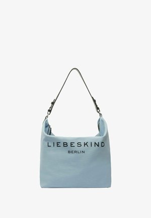Sac d'épaule Liebeskind Berlin bleu clair avec une sangle noire réglable et un logo en texte noir gras à l'avant.