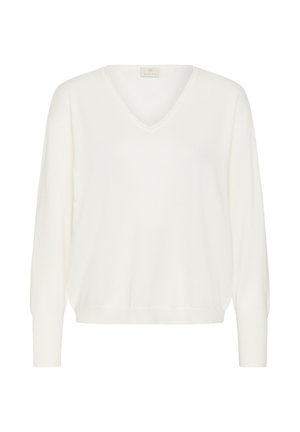 Pulover alb simplu cu guler în V, mâneci lungi și manșete și tiv striate, prezentat pe un fundal alb.