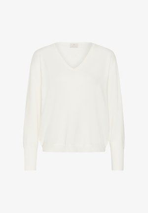 Hvid, ensfarvet V-hals langærmet sweater med ribbet kant ved ærmer og bund, vist mod en hvid baggrund.