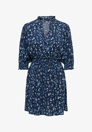Robe bleue marine à fleurs avec col à volants, manches trois-quarts bouffantes, devant à boutons et taille cintrée élastique.
