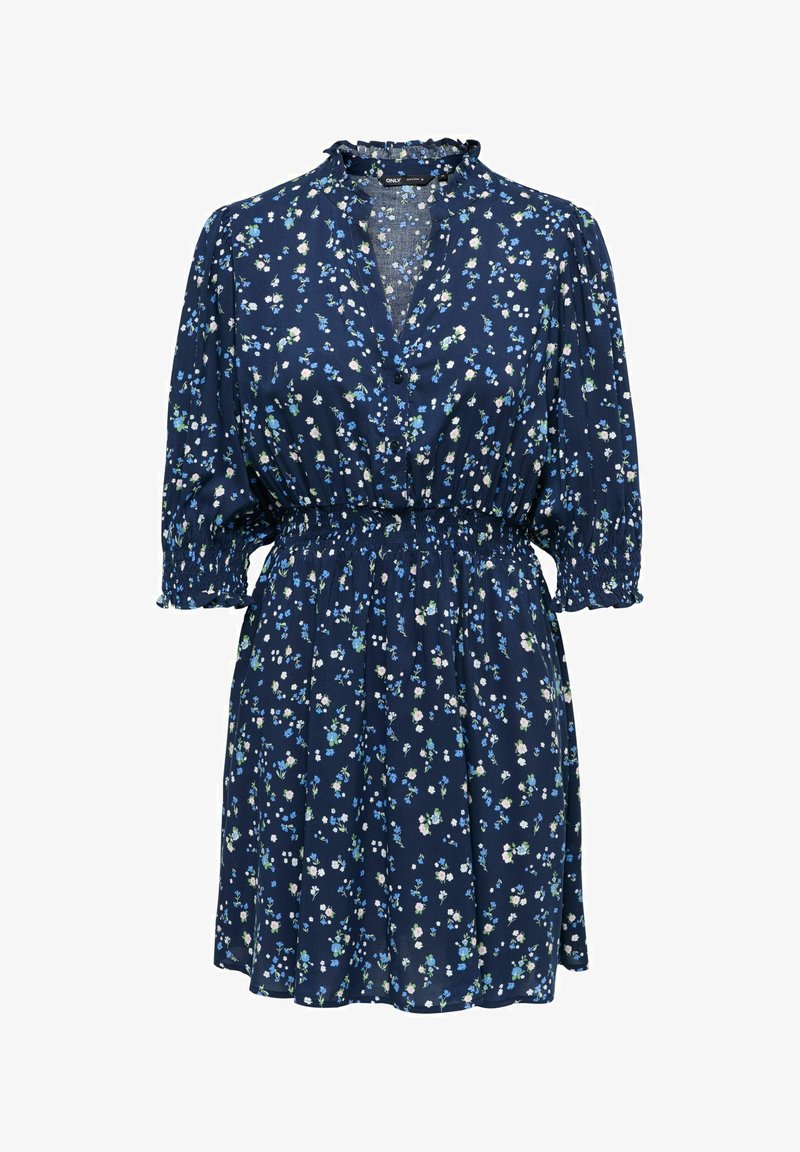 Robe bleue marine à fleurs avec col à volants, manches trois-quarts bouffantes, devant à boutons et taille cintrée élastique.