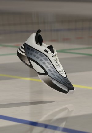 Une chaussure de sport blanche et noire flotte au-dessus d’un terrain couvert et projette une ombre sur le sol.