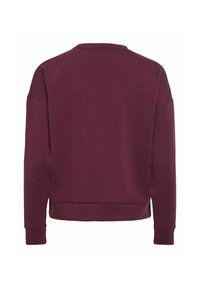 Felpa a maniche lunghe semplice di colore bordeaux scuro, mostrata dal retro, con collo tondo e polsini e orlo a coste.