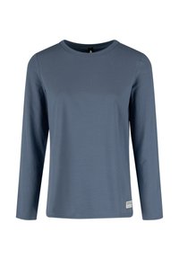 Blauw shirt met lange mouwen van een gladde stof. Heeft een ronde halslijn, een losse pasvorm en een klein label aan de zoom.