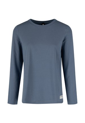 Blauw shirt met lange mouwen van een gladde stof. Heeft een ronde halslijn, een losse pasvorm en een klein label aan de zoom.