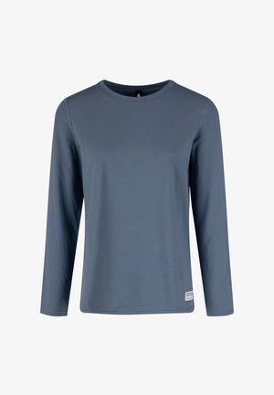 Blauw shirt met lange mouwen van een gladde stof. Heeft een ronde halslijn, een losse pasvorm en een klein label aan de zoom.