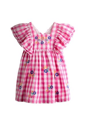 Ružovo-biele kockované šaty pre batoľa s rozviatymi rukávmi a vyšívanými farebnými kvetmi na živôtiku a sukni.