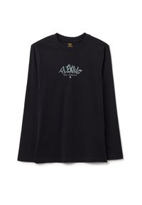 Maglietta nera a maniche lunghe in cotone, con una grafica in testo azzurro chiaro che recita "FLEXING REAL STRUGGLE" sul davanti.