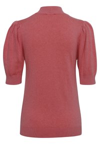 Röd kortärmad stickad topp med en passande krage, puffärmar och ribbad nederkant. Mjukt material med subtilt melerat mönster.