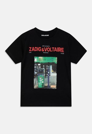 Zwarte katoenen t-shirt met een grafische print van een groene ticketautomaat en tekst. Ronde hals, korte mouwen, urban design, casual fit.