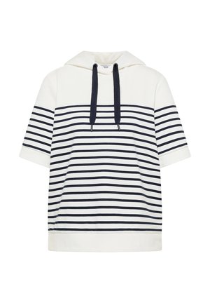 Sweat à capuche blanc à manches courtes avec des rayures horizontales noires et des cordons de serrage noirs sur la capuche, avec une coupe décontractée.