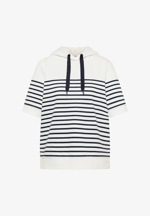 Biała bluza z krótkim rękawem z czarnymi poziomymi paskami i czarnymi sznurkami przy kapturze, o luźnym kroju.