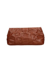 Borsa a tracolla in pelle marrone con un motivo impresso, forma rettangolare e chiusura a clasp. La texture è liscia con dettagli sottili.