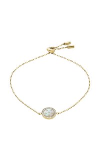 Gold chain bracelet featuring a circular, iridescent center stone surrounded by a row of small clear crystals. Adjustable clasp detail.