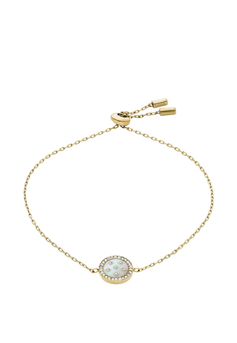 Gold chain bracelet featuring a circular, iridescent center stone surrounded by a row of small clear crystals. Adjustable clasp detail.