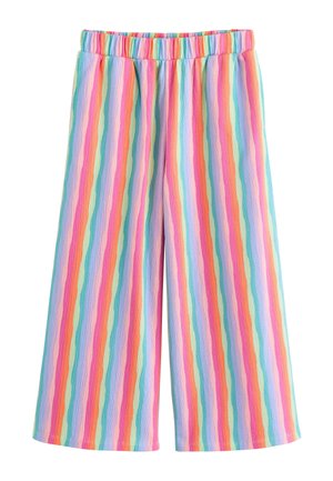 Weit geschnittene Hosen mit vertikalen Regenbogenstreifen und elastischem Bund, aus strukturiertem Stoff gefertigt.